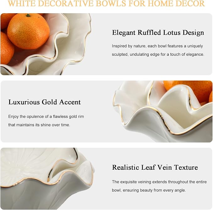 10 Inch White Ceramic Decorative Bowl, Large Shallow Bowl with Ruffle Lotus & Gold Trim - Fruit Display for Kitchen Counter, Modern Dining & Coffee Table Decor Centerpiece, Ideal Housewarming Gift ﻿