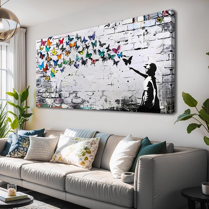 Colorful Graffiti Wall Art Funny Butterfly Paintings Banksy Street Art Mural Pop Art Home Office Wall Decor Framed Canvas Wall Decor for Living Room Ready to Hang - 71x36in