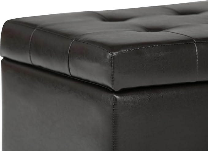 SIMPLIHOME Cosmopolitan Storage Ottoman - 34 inch Wide Upholstered Vegan Leather Rectangle Storage Ottoman Bench in Tanners Brown, Transitional Tufted Ottoman for Living Room with Lift-Up Lid
