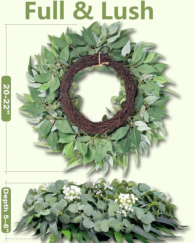 Eucalyptus Wreath for Front Door All Seasons, 20-22" Spring Summer Silk Greenery Wreath for Porch Wall, Artificial Farmhouse Home Decor for Indoor Outdoor