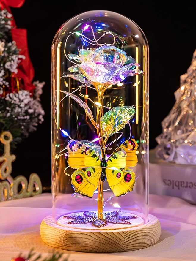 Beferr Birthday Gifts for Women Galaxy Glass Rose Forever Preserved Flowers for Delivery Light Up Rose in Glass Dome Mothers Day Butterfly Gifts for Mom Wife Grandma Her Daughter Girlfriend