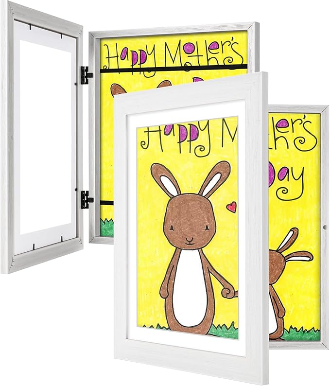 2 Pack White Kids Art Frame, 10x12.5 Child Artwork Display Frame Without Mat Changeable Front Opening, 8.5x11 With Mat, Children Storage Hold 50pcs Crafts, Drawing, Project, Schoolwork