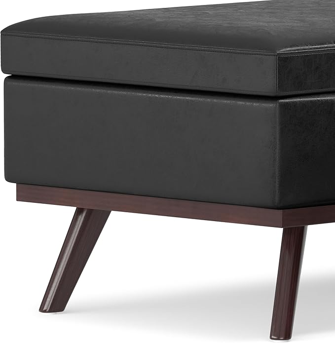 SIMPLIHOME Owen Lift Top Coffee Table Storage Ottoman - 42 inch Wide Upholstered Vegan Leather Rectangular Lift-Top Ottoman in Distressed Black, Mid-Century Modern Ottoman for Living Room