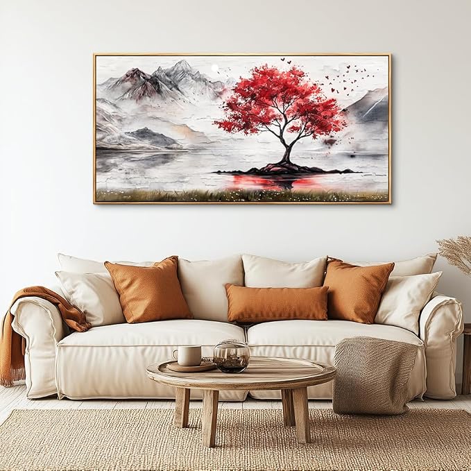QIYILEXWART Wood Framed Canvas Wall Art For Living Room Wall Decor For Bedroom Office Wall Decorations Red Tree Painting Farmhouse Pictures Artwork Room Aesthetic Home Decor