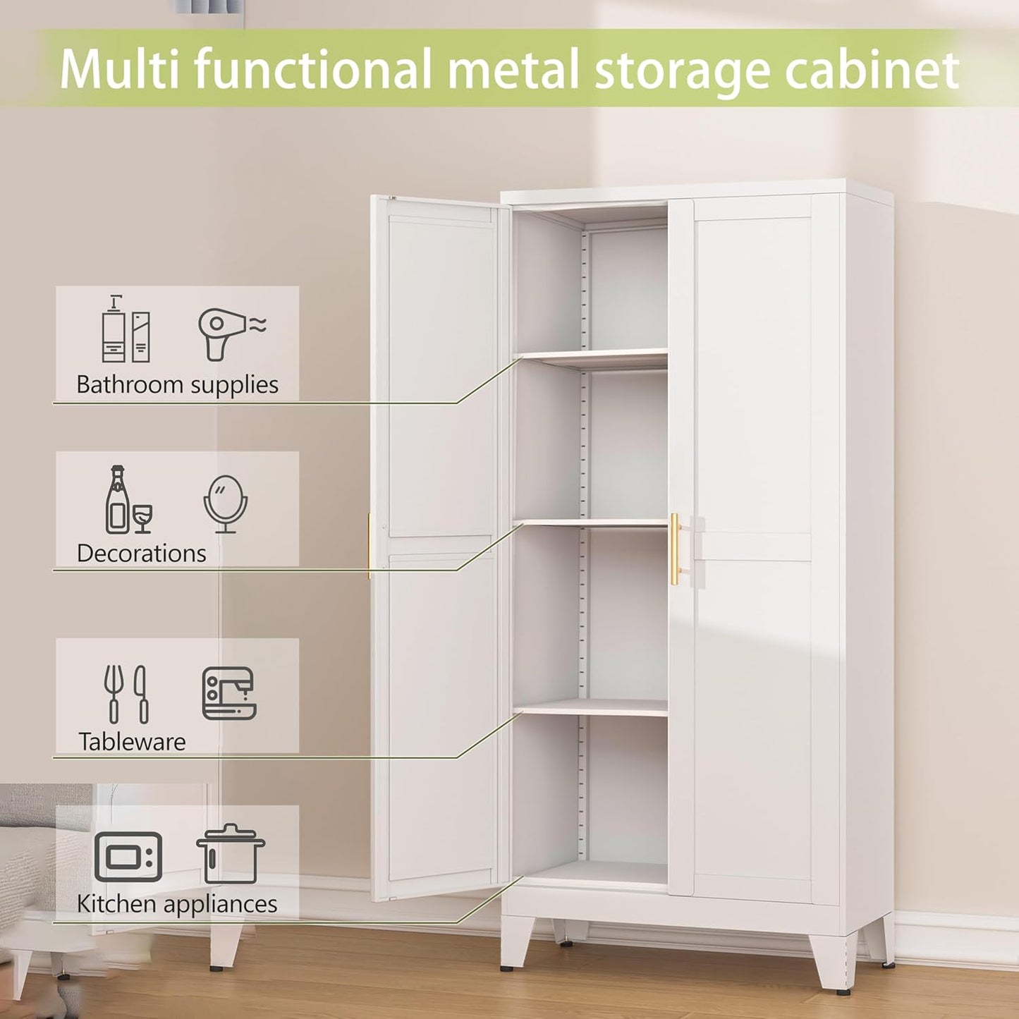 Metal Pantry Cabinet, Kitchen Pantry Storage Cabinets with 2 Door and 3 Adjustable Shelves, White Kitchen Pantry Cabinet, Freestanding Cupboard for Dining Room Living Room Bathroom
