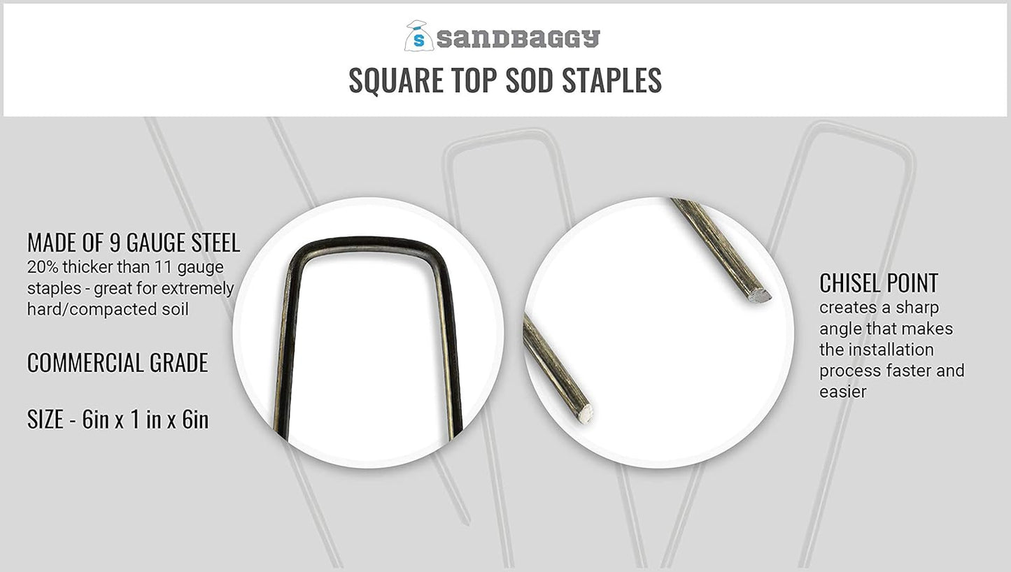 Sandbaggy 6 inch Landscape Sod Staples (9 Gauge Steel) ~ Great for Hard Soil - 20% Thicker Than Competition - Trusted by Farmers & Contractors Across USA (200 Staples)