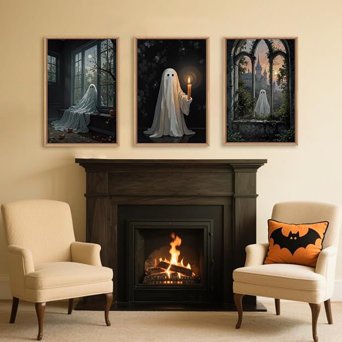 LHIUEM Large Halloween Cute Ghost Framed Canvas Wall Art Set,Vintage Spooky Wall Decor,Retro Dark Prints,Midnight Candle Poster Artwork for Living Room,Bathroom,Dining Room -24"x36"x3