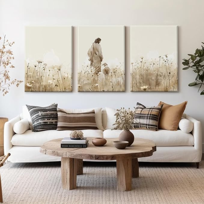 Jesus Leaves the 99 Sheep Wall Art Christian Canvas Poster Jesus and Lamb Wall Decor Religious Pictures Lost Sheep Painting God Christ Painting Artwork for Bedroom Living Room 16x24x3 Inch Ready to Hang