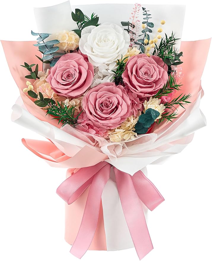 Flomoon Forever Flowers Gifts for Mom, Mothers Day Preserved Flowers Bouquet Birthday Gifts for Her, Preserved Roses for Grandma Wife Anniversary Valentines Day Christmas (Dusty Pink)