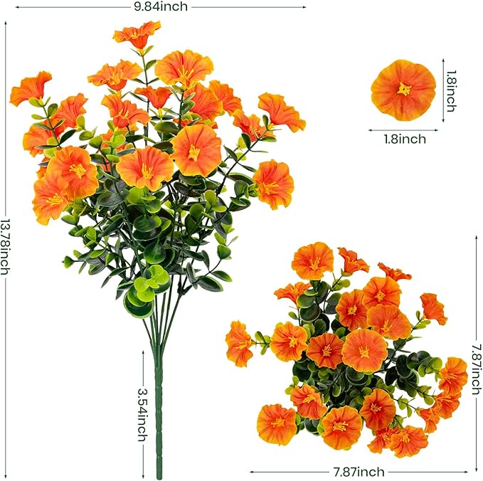 Nigirior Artificial Faux Flowers for Outdoor 16 Bundles Boxwood Fake Morning Glory for Planter,UV Resistant Fake Flowers for Home Porch Patio Outside（Orange）