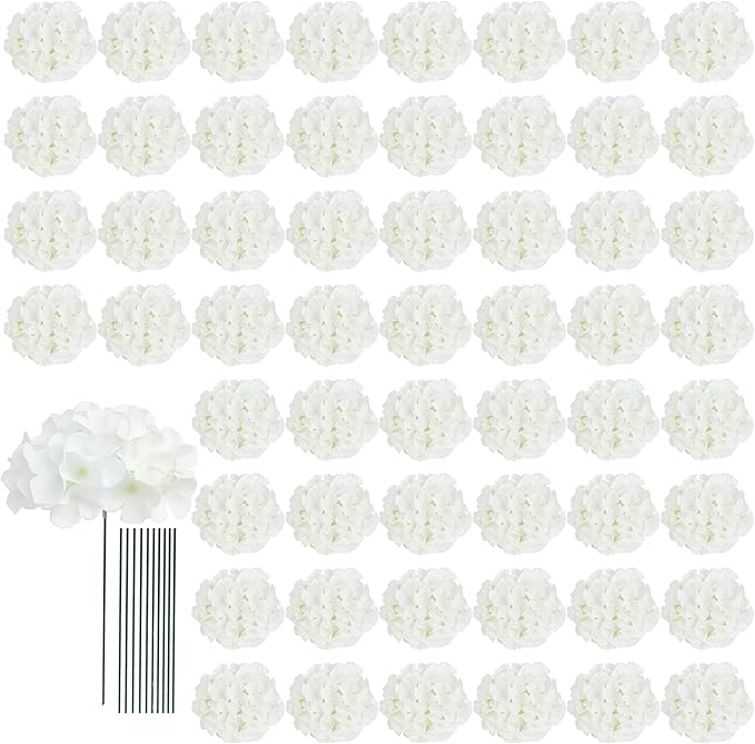 AVIVIHO 65pcs White Hydrangea Artificial Flowers Bulk (Not Squished, No Steaming Need) Ivory Faux Hydrangeas Bouquet Silk Flowers with Stems for Wedding,Party,Centerpieces,Home,Baby Shower Decor