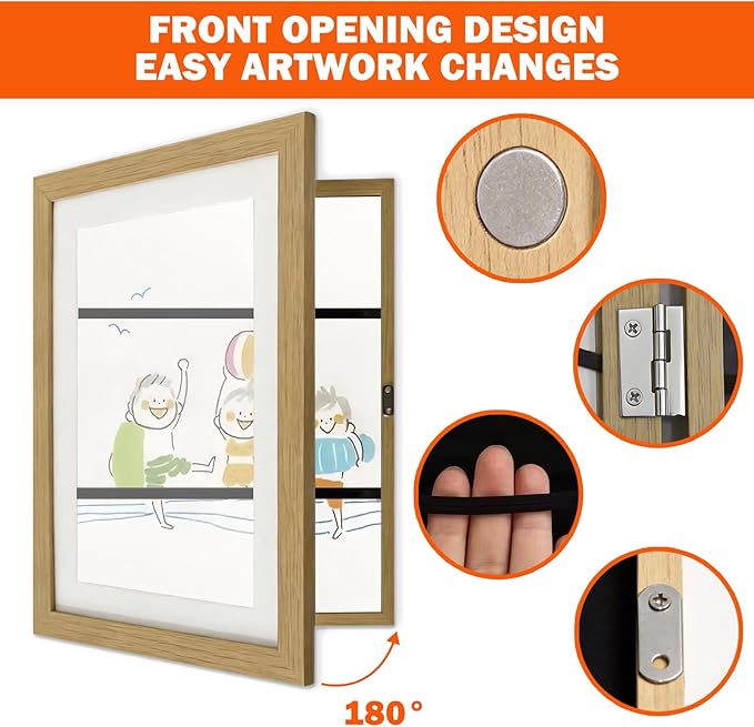 Kids Art Frames 8.5x11, 4-Pack Front Opening Changeable Picture Frames for Kids Artwork, Holds 150 Pieces Each, Artwork Storage and Wall Display Frame for Drawings, Portfolio, Wood