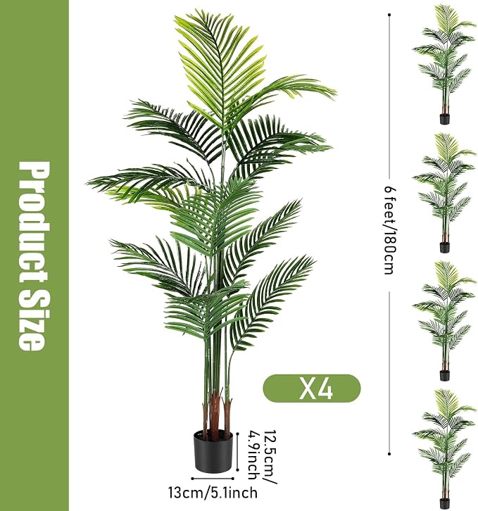Jexine 4 Pack Artificial Palm Trees 6Ft, Fake Plants Fake Trees Artificial Areca Palm Plants for Outdoor Indoor Faux Tree in Pot for Pool Home Decor Office Housewarming Gift Modern Decoration