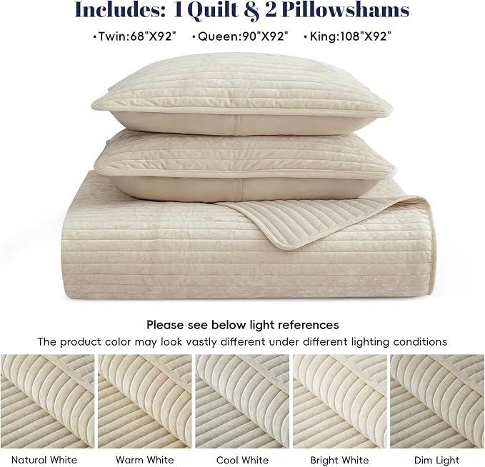 PHF Luxury Velvet Quilt Set King Size – 3PCS Ultra Soft Quilted Comforter Alternative with Striped Channel, Cozy Quilted Bedspread, 1 Coverlet with 2 Matching Shams, 108" x 92", Sand