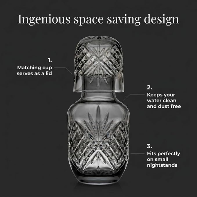 Godinger Bedside Night Carafe, Water Pitcher with Cup, Water Carafe - Cup and Bottle to Keep Next To Your Bed for a Handy Midnight Drink