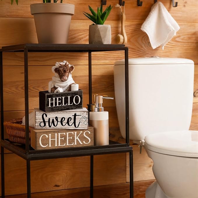 Moucuny 4 Pcs Highland Cow Bathroom Decor Farmhouse Bathroom Decor and Accessories Highland Cow Table Centerpiece Western Hello Sweet Cheeks Decoration for Home Office