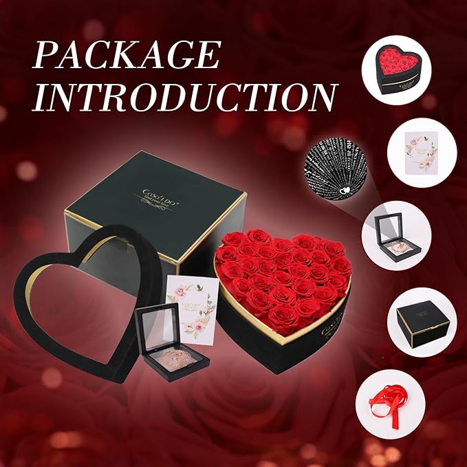 Casaido Preserved Roses Flowers for Delivery 27 Pcs, Mothers Day Rose Gifts for Her, Forever Flores in Heart Box with Necklace, Anniversary Birthday Christmas Vanlentines Gift for Wife Girlfriend, Red