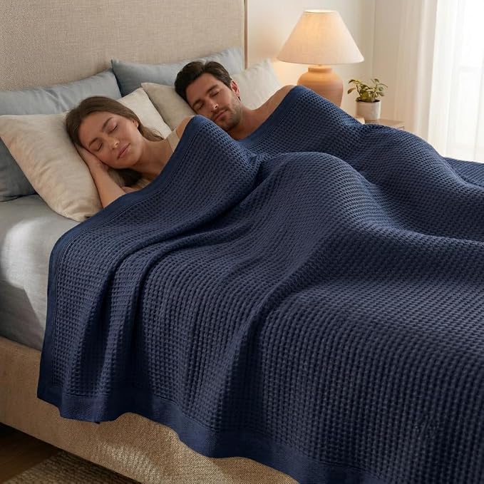 TreeWool Premium 100% Cotton Waffle Summer King Blanket (90"x108", Navy) | 420 GSM Breathable Lightweight Moisture Wicking Soft Knit Thermal Blanket for Bed or Sofa All-season Comfort Machine Washable