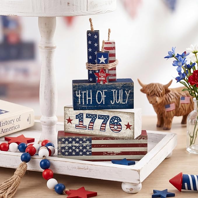 CroBlissful 4 Pcs 4th of July Decorations Patriotic Memorial Day Tabletop Decoration Red White Blue Table Centerpieces Sign for Office Tiered Tray Home Shelf 250th Anniversary(1776)