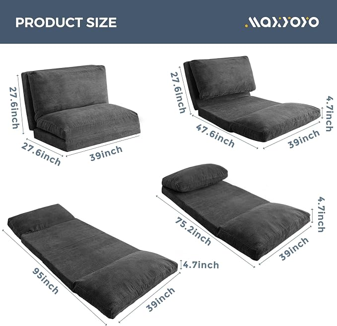 MAXYOYO Folding Sofa Bed, Extra Thick and Long Floor Sofa Convertible Chair with Washable Cover, Floor Couch Lounge Bean Bag Bed for Living Room, Dark Grey, 39x91 Inch