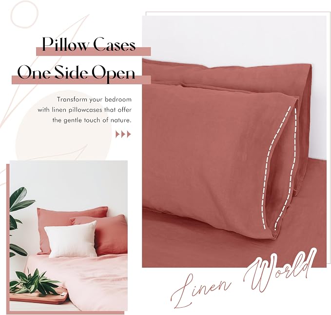 Linen World Linen Pillow Cases Set of 2,20"x40" King Size,100% French Natural Flax Soft Linen Pillowcases,Clay Pink