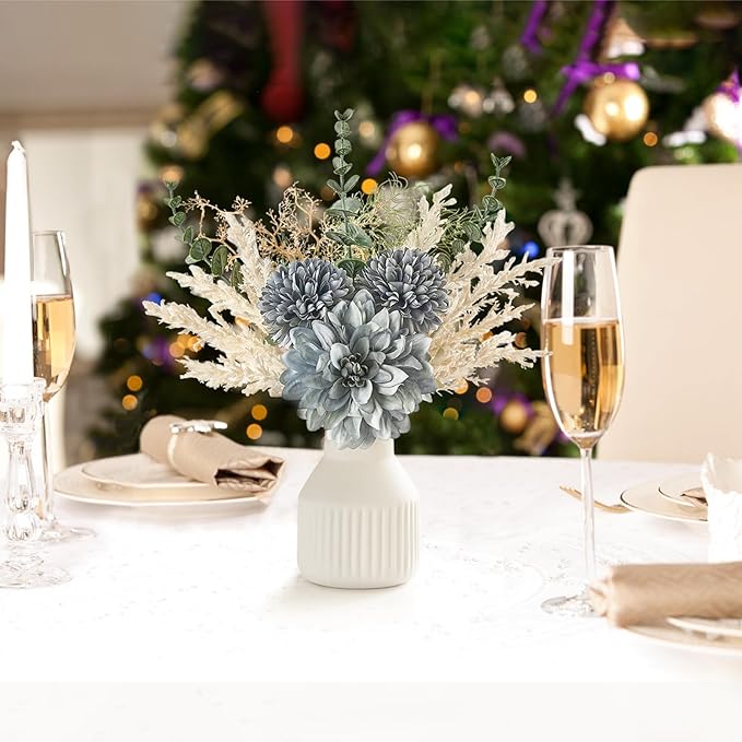 Mkono Small Artificial Flowers in Ceramic Vase 12.5" Centerpieces Coffee Table Decor, Silk Flower Arrangements for Home Decor Indoor Fake Flower Bouquet for Bathroom Dining Room Kitchen Wedding Blue