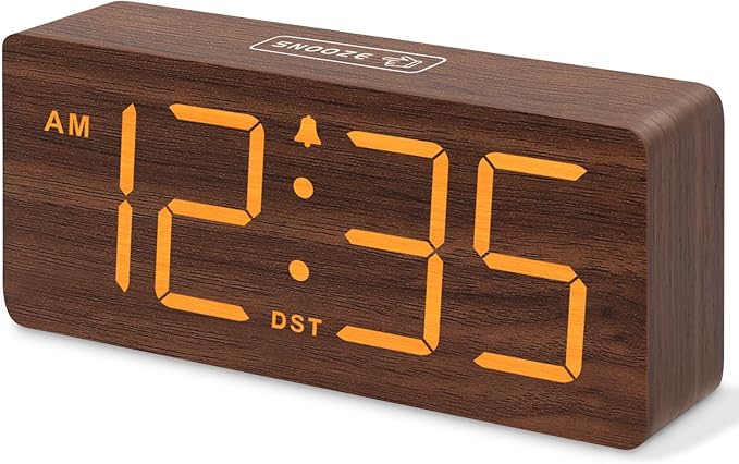 DreamSky Wooden Digital Alarm Clock for Bedroom - Desk Clock with Large Numbers for Living Room Office, Loud Alarm for Heavy Sleepers Adults, Volume Control, Dimmer, DST, Wood Decor (Plug in Clock)