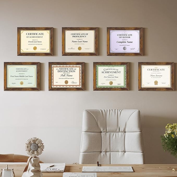 PETAFLOP Wooden 8.5x11 Picture Frame Rustic Certificate Frames Wall Tabletop Display Horizontally or Vertically, 7 Pack