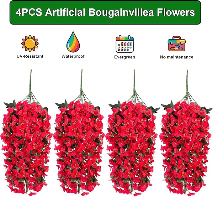 Grunyia 4 Pack Artificial Bougainvillea Flowers Outdoor UV Resistant, Fake Silk Trailing Vines Realistic Faux Hanging Plants for Front Door Porch Patio Garden Yard Window Box Planter Urn Decor(Red)