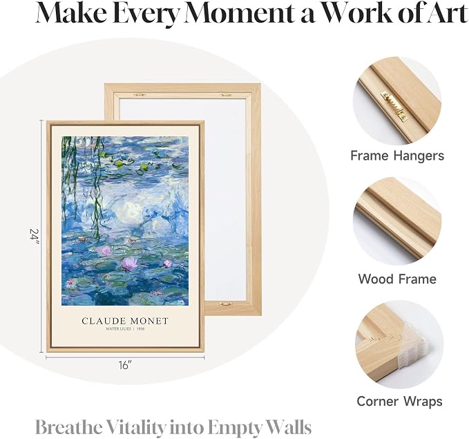 Framed Claude Monet Landscape Wall Art for Living Room, 3 Piece Impressionist Canvas Picture Artwork for Walls, Classic Blue Lake Water Lilies Prints Painting for Bedroom Dining Room Hallway, 16x24 In