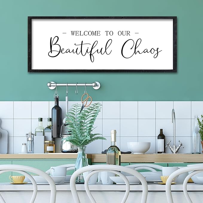 Surfapans Welcome To Our Beautiful Chaos Living Room Sign Wall Decor 32"×12" Rustic Large Family Wooden Plaque for Home Entryway Wall Hanging Art (Black)