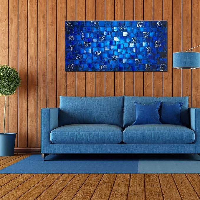 MyArton Thick Textured Abstract Squares Canvas Wall Art Hand Painted Artwork Modern Dark Blue add Silver Oil Painting for Home Decor Framed Ready to Hang 40x20inch