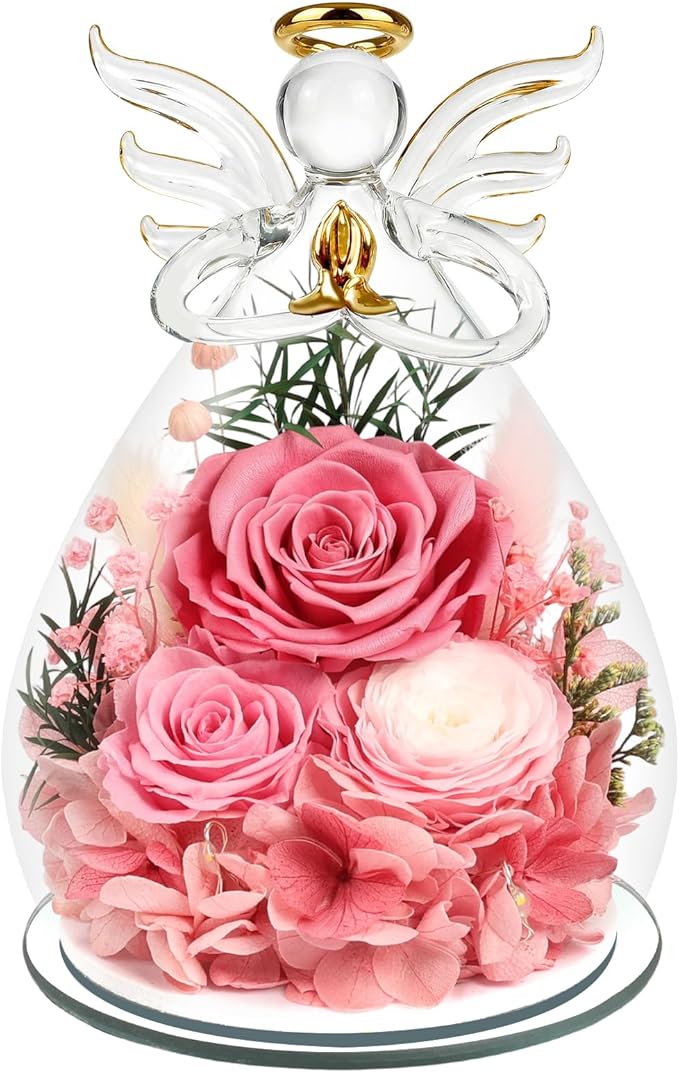 Gifts for Women Preserved Rose Forever Flower Eternal Roses in Glass Angel Figurines Fresh Flowers for Delivery Prime Mothers Day Birthday Gift for Mom Grandma Wife on Valentines Day Anniversary