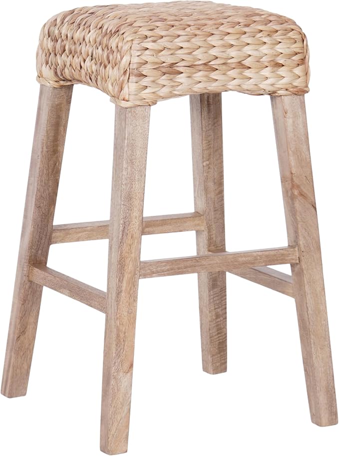 JONATHAN Y Maui Coastal Woven Water Hyacinth Bar Stool, Mango Wood Frame, 30" Backless Barstool for Kitchen Island with Integrated Footrest, Fully Assembled, Coastal, Natural BSL1101B