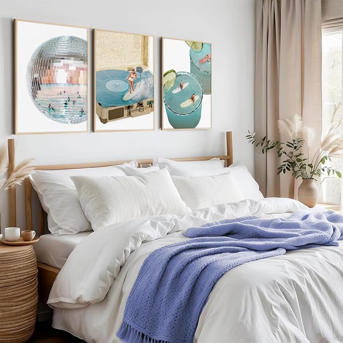 Blue Coastal Groove Wall Art Retro Disco Beach Canvas Poster Summer Surf Wall Decor Trendy Coastal Pictures Ocean Painting Preppy Aesthetic Prints Funky Artwork for Girls Bedroom 16x24 Inch Unframed
