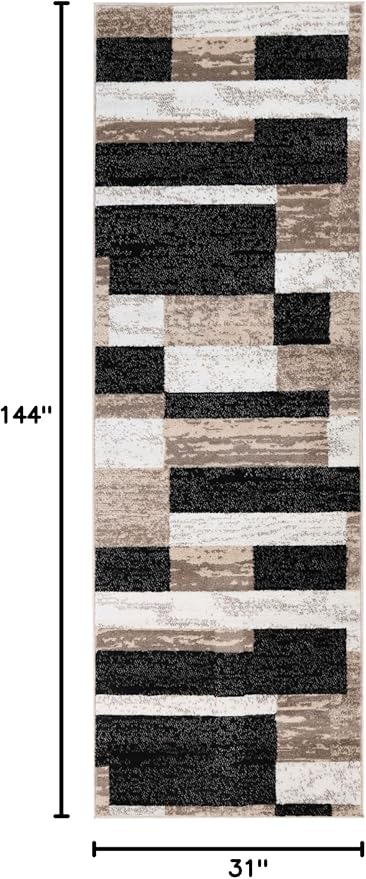 Superior Indoor Runner Rug, Jute Backed, Modern Geometric Patchwork Floor Decor for Bedroom, Office, Living Room, Entryway, Kitchen, Hardwood Floors, Rockwood Collection, 2' 7" x 12', Ivory-Beige