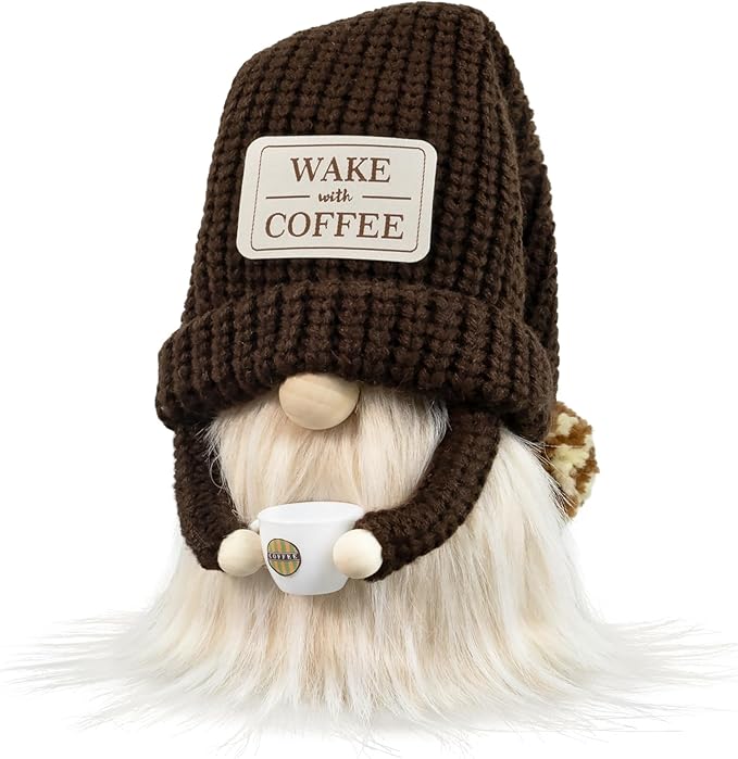Coffee Gnome - Cute Plush Gnome Holding Cup, Handmade Bar Decor & Accessories, Gift for Coffee Lovers, Swedish Tomte Elf Dwarf for Station, Kitchen, Valentine, Christmas & Home Decorations