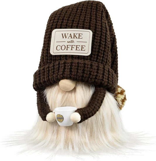 Coffee Gnome - Cute Plush Gnome Holding Cup, Handmade Bar Decor & Accessories, Gift for Coffee Lovers, Swedish Tomte Elf Dwarf for Station, Kitchen, Valentine, Christmas & Home Decorations