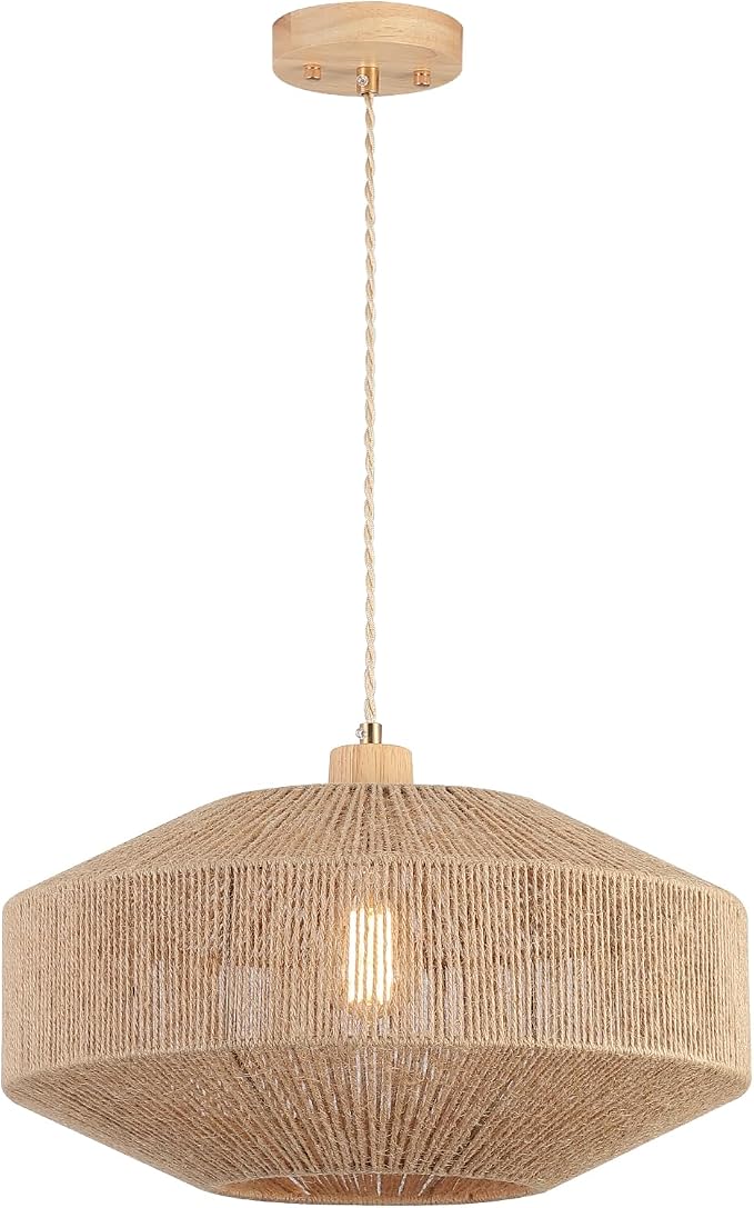 Coastal Large Woven Pendant Light Fixture 17.8 inch One-Light Adjustable Natural Hemp Rope Cage Pendant Lighting for Kitchen Island Dining Room Living Room Farmhouse