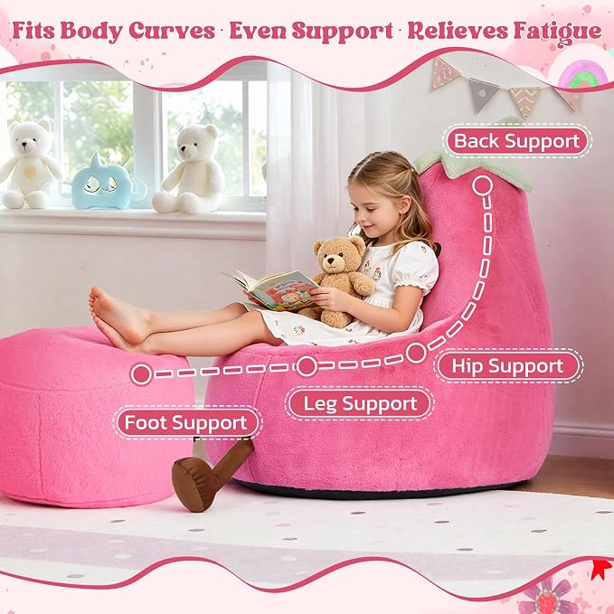 2.5FT Memory Foam Bean Bag Chair - Ultra Soft Faux Rabbit Fur Sofa with Handle & Machine Washable Cover, Comfy Lazy Chair for Kids Teens, Perfect for Reading Gaming in Living Room Bedroom，Magenta