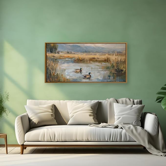 QTUSYUR Mallard Duck Pond Wall Art - Large Farmed Vintage Countryside Art Print -Wildlife Canvas Artwork for Farmhouse Cabin Bird Hunter- Rustic Lake Wild Ducks Wall Picture for Home Decor 20×40 IN