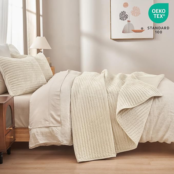 PHF Luxury Velvet Quilt Set Twin Size – 2PCS Ultra Soft Quilted Comforter Alternative with Striped Channel, Cozy Quilted Bedspread, 1 Coverlet with 1 Matching Sham, 68" x 92", Sand