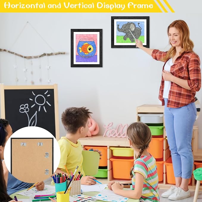 3-Pack Black Woodgrain Kids Art Frames - 10x12.5 with Mat, 8.5x11 Without Mat, Changeable Front Opening, Holds Drawings, Crafts, Artwork