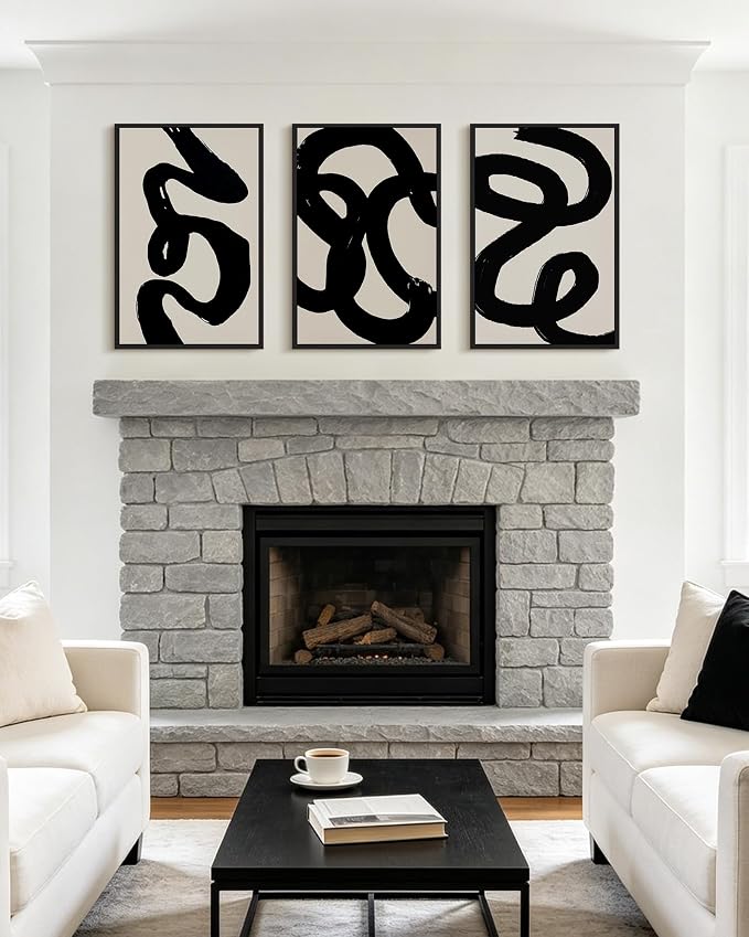 PHOPAGO Black Abstract Modern Framed Wall Art Large 16x24in Ink Wash Minimalist Thick Black Lines Paints Artwork Bedroom Living Room Home Decor - Black Framed