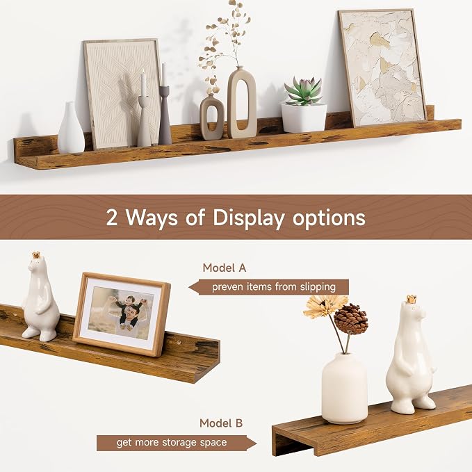Fun Memories Picture Ledge Shelf, 40 Inch Floating Shelves Set of 2, Large Nursery Book Shelves for Toys Storage, Kids Bookshelf Wall Mounted for Wall Decor Books Photo Frames, Rustic Brown