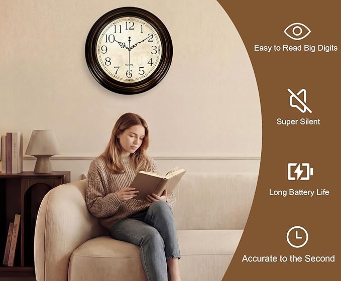 Vintage Wall Clock 13 Inch Quartz Silent Non-Ticking Analog Clock Battery Operated Rustic Round Decorative Clock for Living Room Kitchen Home Office Classroom