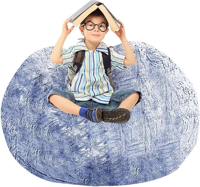 BCU Bean Bag Cover Comfy Beanbag Chair for Adults Without Filler Faux Fur Floor Chair Lazy Sofa Cover Comfy for Living Room Chairs, Silver Blue, 3.5FT
