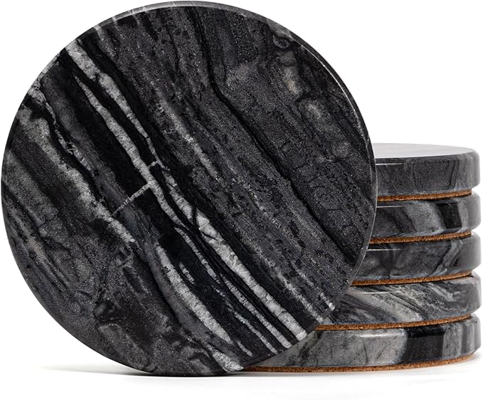 Black Marble Coasters Set of 6, Elegant Black & Dark Gray Coasters for Coffee Table, 4" Round Polished Black Stone Coaster with Unique Veins – Heat Resistant, Non-Slip, Housewarming Gift