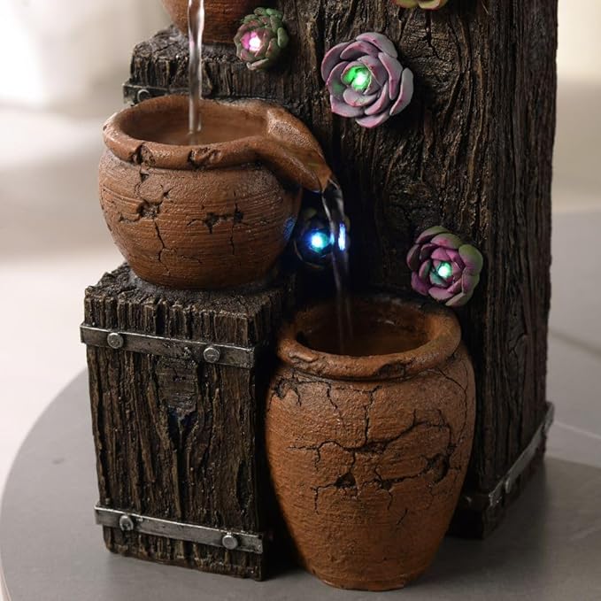 MAOCHI Tabletop Water Fountain, Woodgrain Succulent Growing Fountain with 5 LED Color Changing Lights, Meditation Desk Water Decorative Home Decor, Office Decor or House Warming Gifts new Home