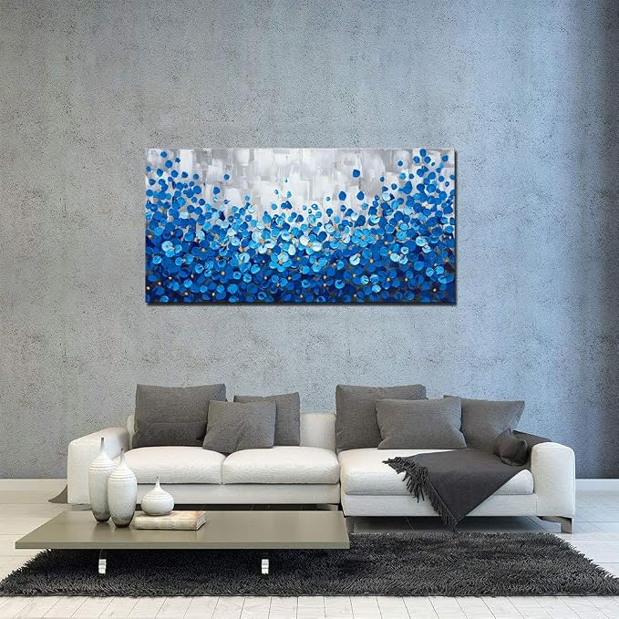 Blue Flower Canvas Wall Art 40x20 inch - Hand Painted Textured Oil Painting, Modern Framed Home Decor, Ready to Hang for Living Room, Bedroom, Office